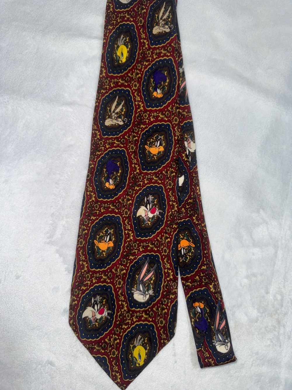 Vintage Warner Bros. Looney Tunes Silk Tie in Burgundy, Navy and Gold